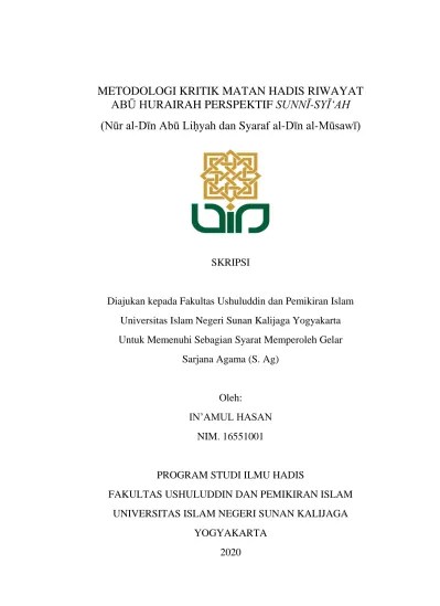 METODOLOGI KRITIK MATAN HADIS RIWAYAT ABŪ HURAIRAH PERSPEKTIF SUNNĪ-SYĪ AH  (Nūr al-dīn Abū Liḥyah dan Syaraf al-dīn al-mūsawī)