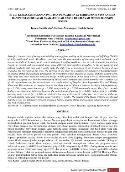 Studi Kebiasaan Sarapan Pagi dan Pengaruhnya Terhadap Status Anemia dan  Prestasi Belajar Anak Sekolah Dasar di