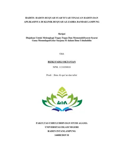 HADITS- HADITS RUQYAH SYAR IYYAH TINJAUAN HADITS DAN APLIKASINYA DI KLINIK  RUQYAH AZ-ZAHRA BANDAR LAMPUNG