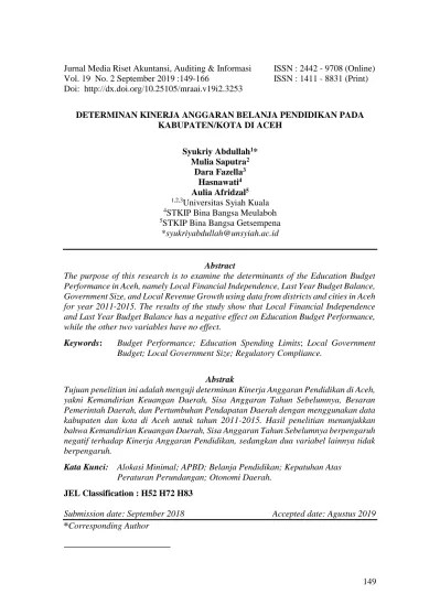 DETERMINAN KINERJA ANGGARAN BELANJA PENDIDIKAN PADA KABUPATEN/KOTA DI ACEH