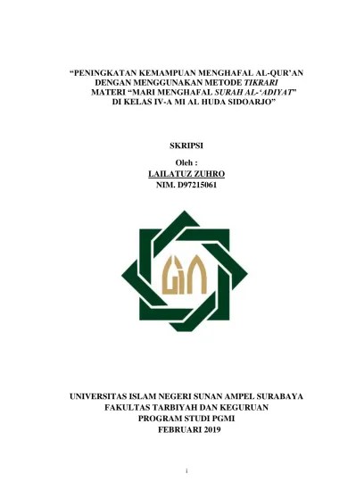 Peningkatan Kemampuan Menghafal al-Quran dengan Menggunakan Metode Tikrari  Materi Mari Menghafal Surah Al-Adiyat di Kelas IV-A MI Al-Huda Sidoarjo