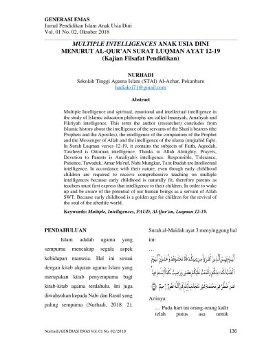 MULTIPLE INTELLIGENCES ANAK USIA DINI MENURUT AL-QUR’AN SURAT LUQMAN AYAT  12-19 (Kajian Filsafat Pendidikan)