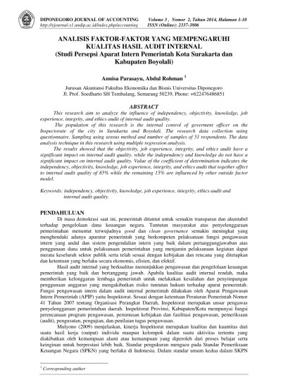 Analisis Faktor-faktor yang Mempengaruhi Kualitas Hasil Audit Internal  (Studi Persepsi Aparat Intern Pemerintah Kota Surakarta dan Kabupaten  Boyolali)
