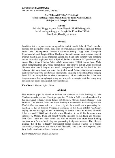 ANTARA ADAT DAN SYARIAT (Studi Tentang Tradisi Mandi Safar di Tasik Nambus,  Riau, ditinjau dari Perspektif Islam)
