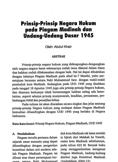 Prinsip-Prinsip Negara Hukum pada Piagam Madinah dan Undang-Undang Dasar  1945