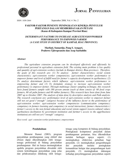 Faktor-faktor Penentu Peningkatan Kinerja Penyuluh Pertanian dalam  Memberdayakan Petani (Kasus di Kabupaten Kampar Provinsi Riau)