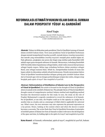 Reformulasi Istinbâth Hukum Islam Dari Al-sunnah Dalam Perspektif Yûsuf  Al-qardhâwî