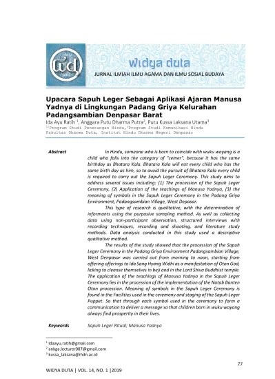 Upacara Sapuh Leger Sebagai Aplikasi Ajaran Manusa Yadnya di Lingkungan  Padang Griya Kelurahan Padangsambian Denpasar Barat