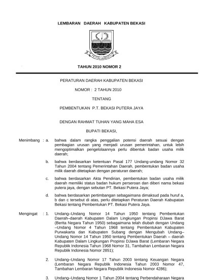 LEMBARAN DAERAH KABUPATEN BEKASI TAHUN 2010 NOMOR 2 PERATURAN DAERAH  KABUPATEN BEKASI NOMOR : 2 TAHUN 2010 TENTANG PEMBENTUKAN P.T. BEKASI  PUTERA JAYA