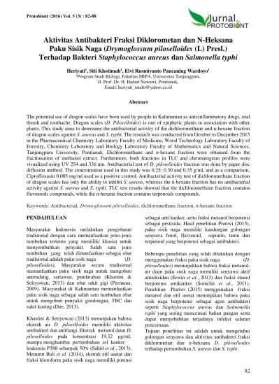 Aktivitas Antibakteri Fraksi Diklorometan dan N-Heksana Paku Sisik Naga  (Drymoglossum piloselloides (L) Presl.) Terhadap Bakteri Staphylococcus  aureus dan Salmonella typhi