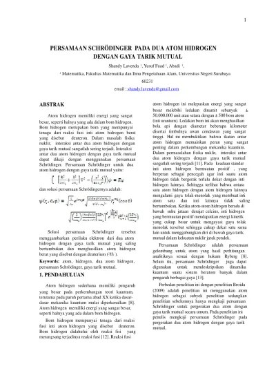 Persamaan Schrodinger Pada Dua Atom Hidrogen Dengan Gaya Tarik Mutual