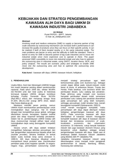 Kebijakan Dan Strategi Pengembangan Kawasan Alih Daya Bagi UMKM Di Kawasan  Industri Jababeka