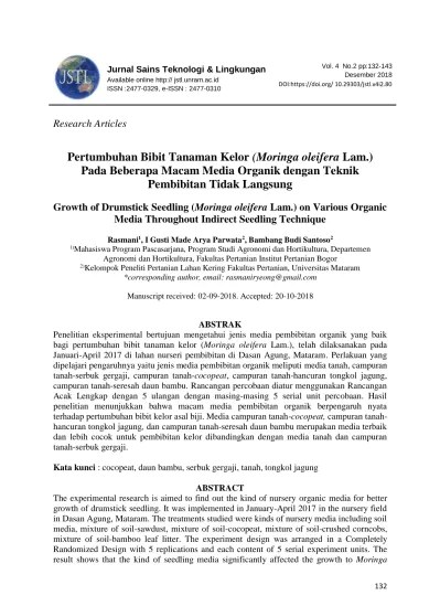 Pertumbuhan Bibit Tanaman Kelor (Moringa oleifera Lam.) Pada Beberapa Macam  Media Organik dengan Teknik Pembibitan Tidak Langsung