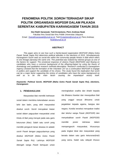 Fenomena Politik Soroh Terhadap Sikap Politik Organisasi Mgpssr Dalam  Pilkada Serentak Kabupaten Karangasem Tahun 2015