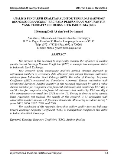 Top PDF Analisis Pengaruh Kualitas Auditor Terhadap Earnings Response  Coefficient (Erc)pada Perusahaan Manufaktur Yang Terdaftar Di Bursa Efek  Indonesia (Bei) - 123dok.com