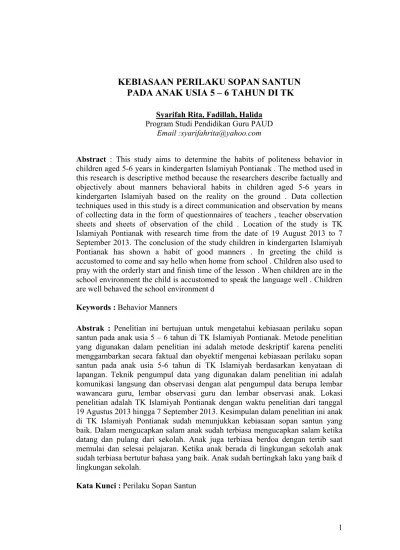 Kebiasaan Perilaku Sopan Santun Pada Anak Usia 5 – 6 Tahun Di Tk