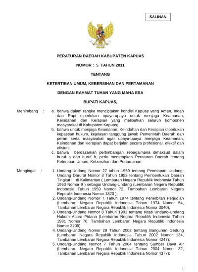 PERATURAN DAERAH KABUPATEN KAPUAS NOMOR : 5 TAHUN 2011 TENTANG KETERTIBAN  UMUM, KEBERSIHAN DAN PERTAMANAN DENGAN RAHMAT TUHAN YANG MAHA ESA