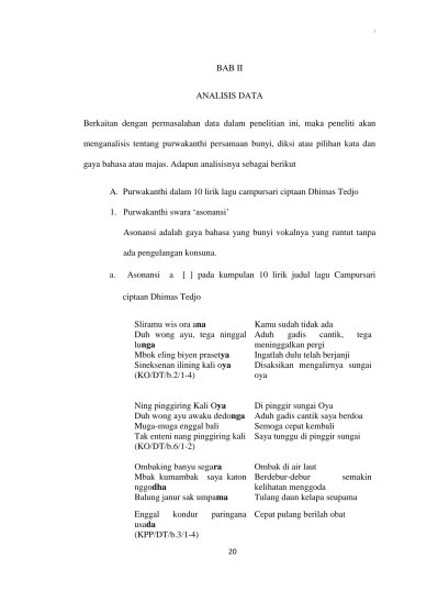 BAB II ANALISIS DATA. gaya bahasa atau majas. Adapun analisisnya sebagai  berikut. A. Purwakanthi dalam 10 lirik lagu campursari ciptaan Dhimas Tedjo