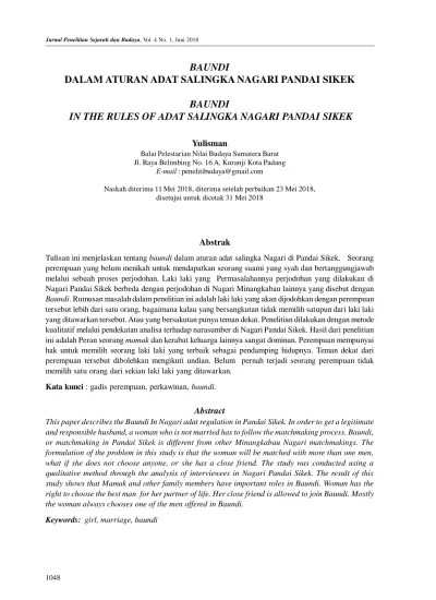 BAUNDI DALAM ATURAN ADAT SALINGKA NAGARI PANDAI SIKEK BAUNDI IN THE RULES  OF ADAT SALINGKA NAGARI PANDAI SIKEK