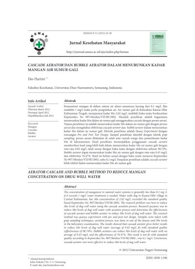 Cascade Aerator dan Bubble Aerator dalam Menurunkan Kadar Mangan Air Sumur  Gali