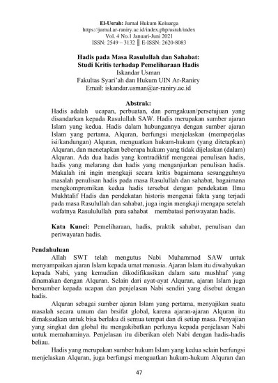 El-Usrah: Jurnal Hukum Keluarga Vol. 4 No.1 Januari-Juni 2021 ISSN: E-ISSN: