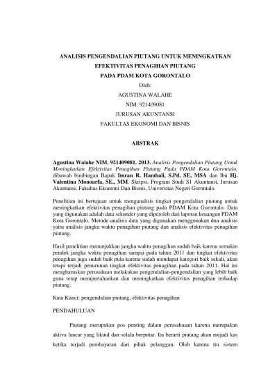 ANALISIS PENGENDALIAN PIUTANG UNTUK MENINGKATKAN EFEKTIVITAS PENAGIHAN  PIUTANG PADA PDAM KOTA GORONTALO