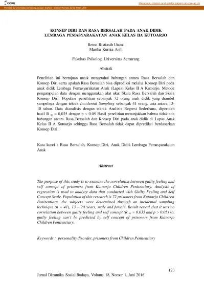 KONSEP DIRI DAN RASA BERSALAH PADA ANAK DIDIK LEMBAGA PEMASYARAKATAN ANAK  KELAS IIA KUTOARJO. Retno Ristiasih Utami Martha Kurnia Asih