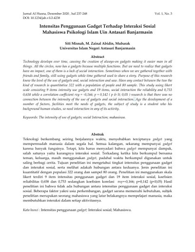 Intensitas Penggunaan Gadget Terhadap Interaksi Sosial Mahasiswa Psikologi  Islam Uin Antasari Banjarmasin