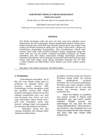 TARI PENDET SEBAGAI TARI BALIH-BALIHAN ( Kajian Koreografi) (Pendet Dance  as Welcome Dance Coreography Research)
