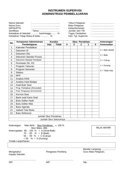 INSTRUMEN SUPERVISI ADMINISTRASI PEMBELAJARAN