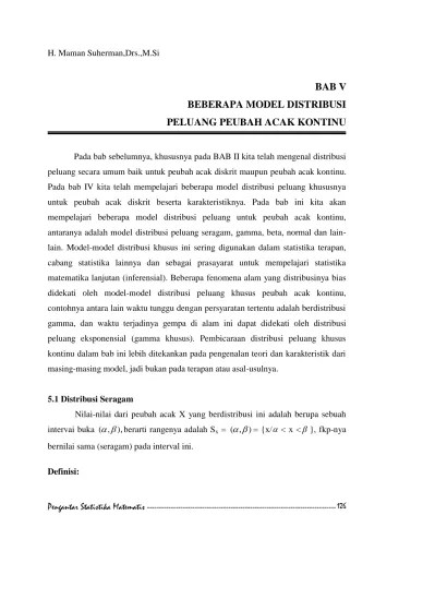 BAB V BEBERAPA MODEL DISTRIBUSI PELUANG PEUBAH ACAK KONTINU