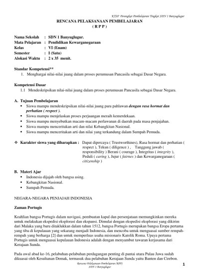 RENCANA PELAKSANAAN PEMBELAJARAN ( R P P ) Standar Kompetensi** 1.  Menghargai nilai-nilai juang dalam proses perumusan Pancasila sebagai Dasar  Negara.