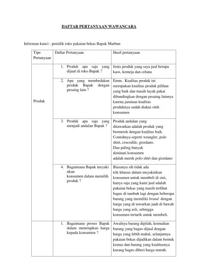 DAFTAR PERTANYAAN WAWANCARA. Informan kunci : pemilik toko pakaian bekas  Bapak Marbun. 1. Produk apa saja yang dijual di toko Bapak?