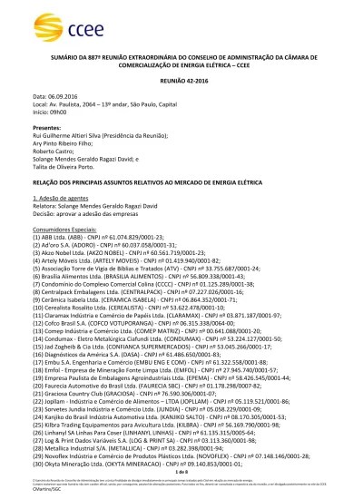 Sumario Da 910ª Reuniao Extraordinaria Do Conselho De Administracao Da Camara De Comercializacao De Energia Eletrica Ccee Reuniao