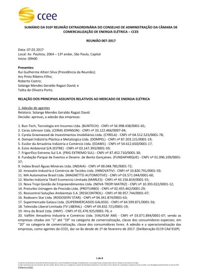 Sumario Da 910ª Reuniao Extraordinaria Do Conselho De Administracao Da Camara De Comercializacao De Energia Eletrica Ccee Reuniao