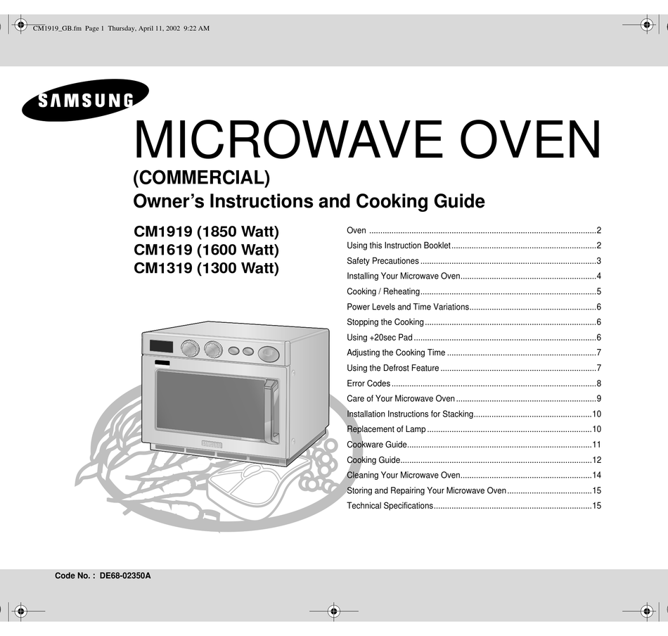 SAMSUNG CM1619 MICROWAVE OVEN OWNER'S INSTRUCTIONS AND COOKING MANUAL