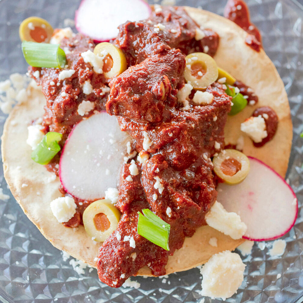 Vegan Chile Colorado Tostadas With Crispy Tofu Recipe The Feedfeed