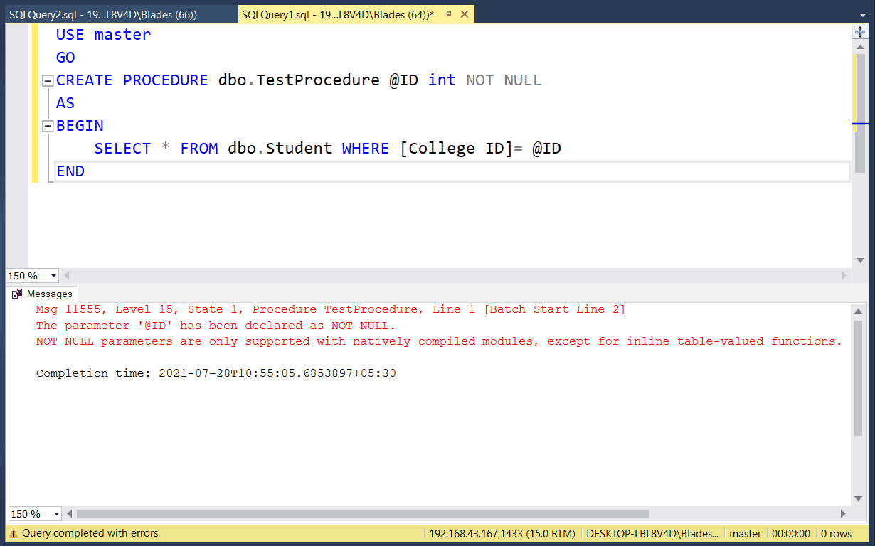Msg 11555 NOT NULL parameters are only supported with natively compiled