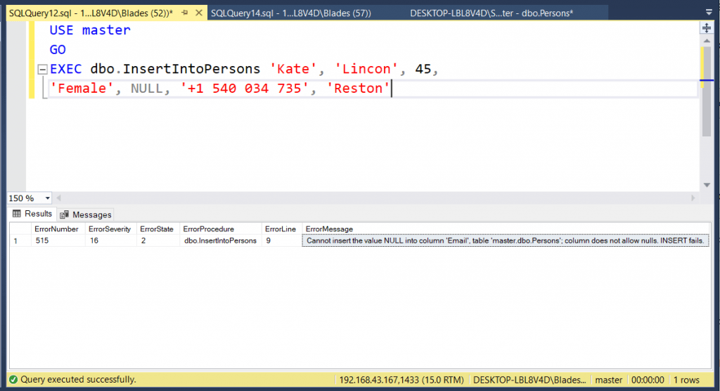 Try catch in SQL Server stored procedure with examples