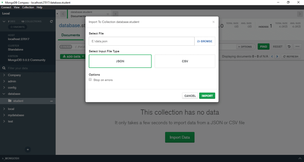 Import JSON and insert JSON into MongoDB