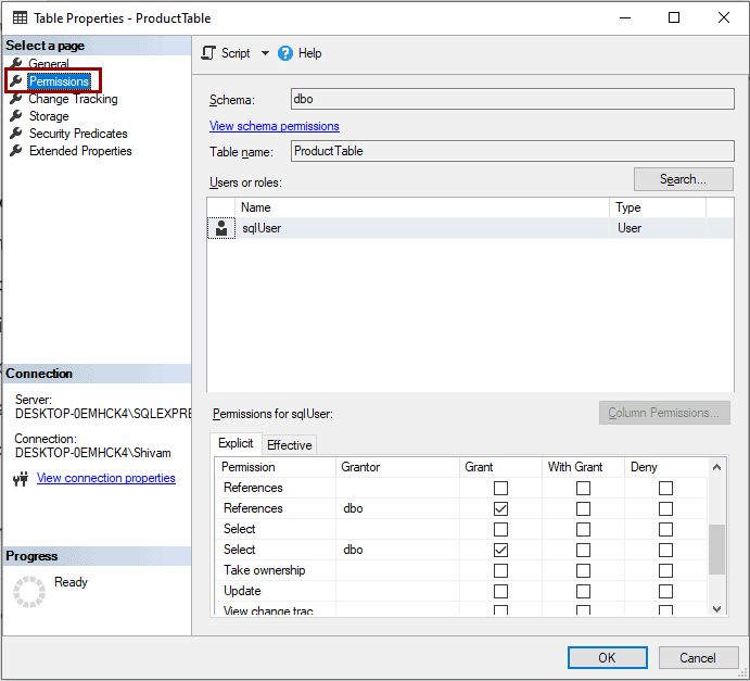 SQL Server check user permissions on table