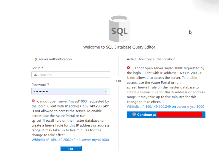 Cannot open server requested by the login. client is not allowed to