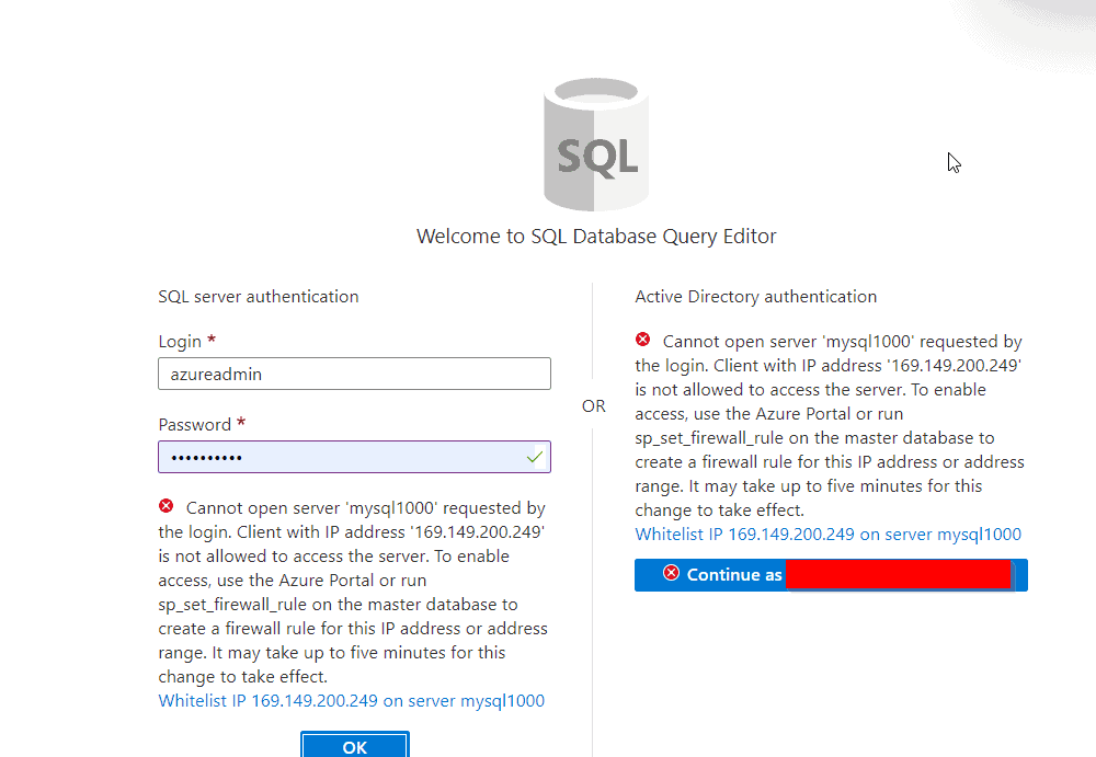 Cannot open server requested by the login. client is not allowed to