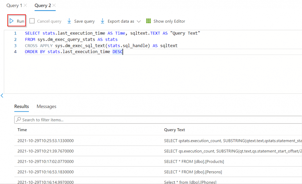 Azure SQL database query history