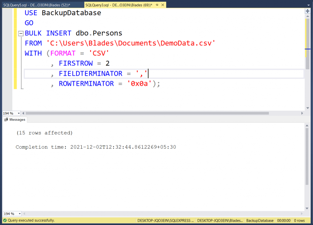SQL Server bulk insert from CSV file