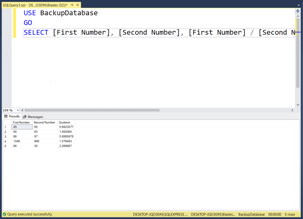Arithmetic operators in SQL Server