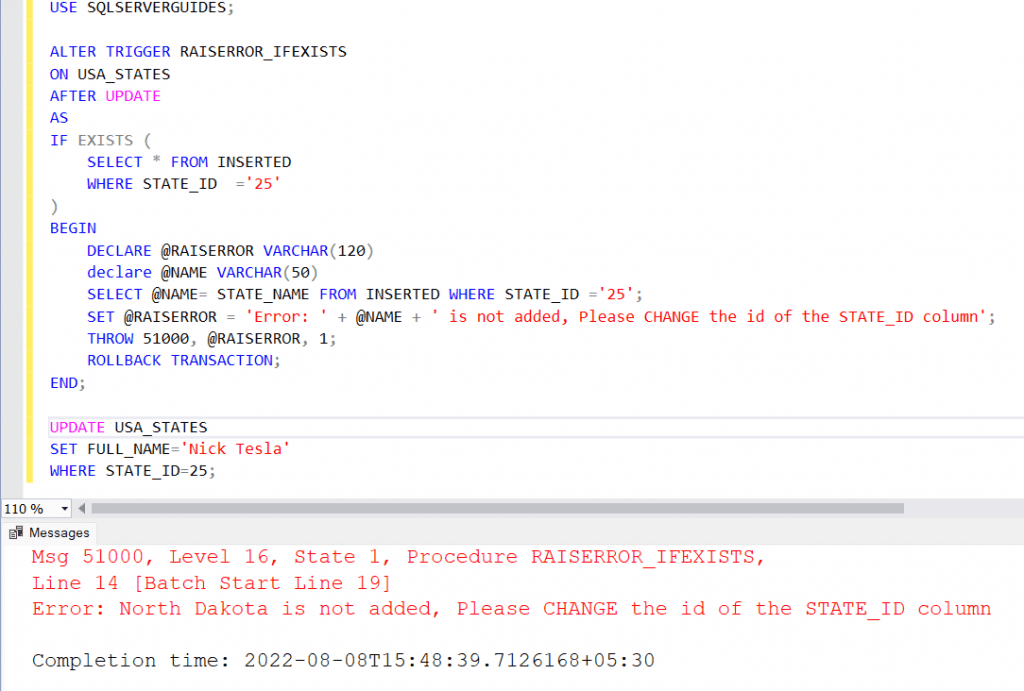 SQL Server Trigger If Exists Raise Error