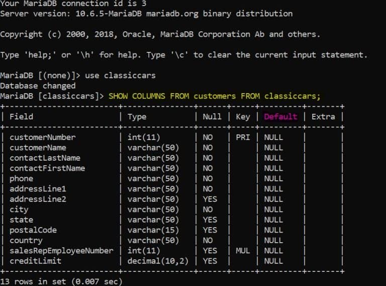 MariaDB Show Column Data Type