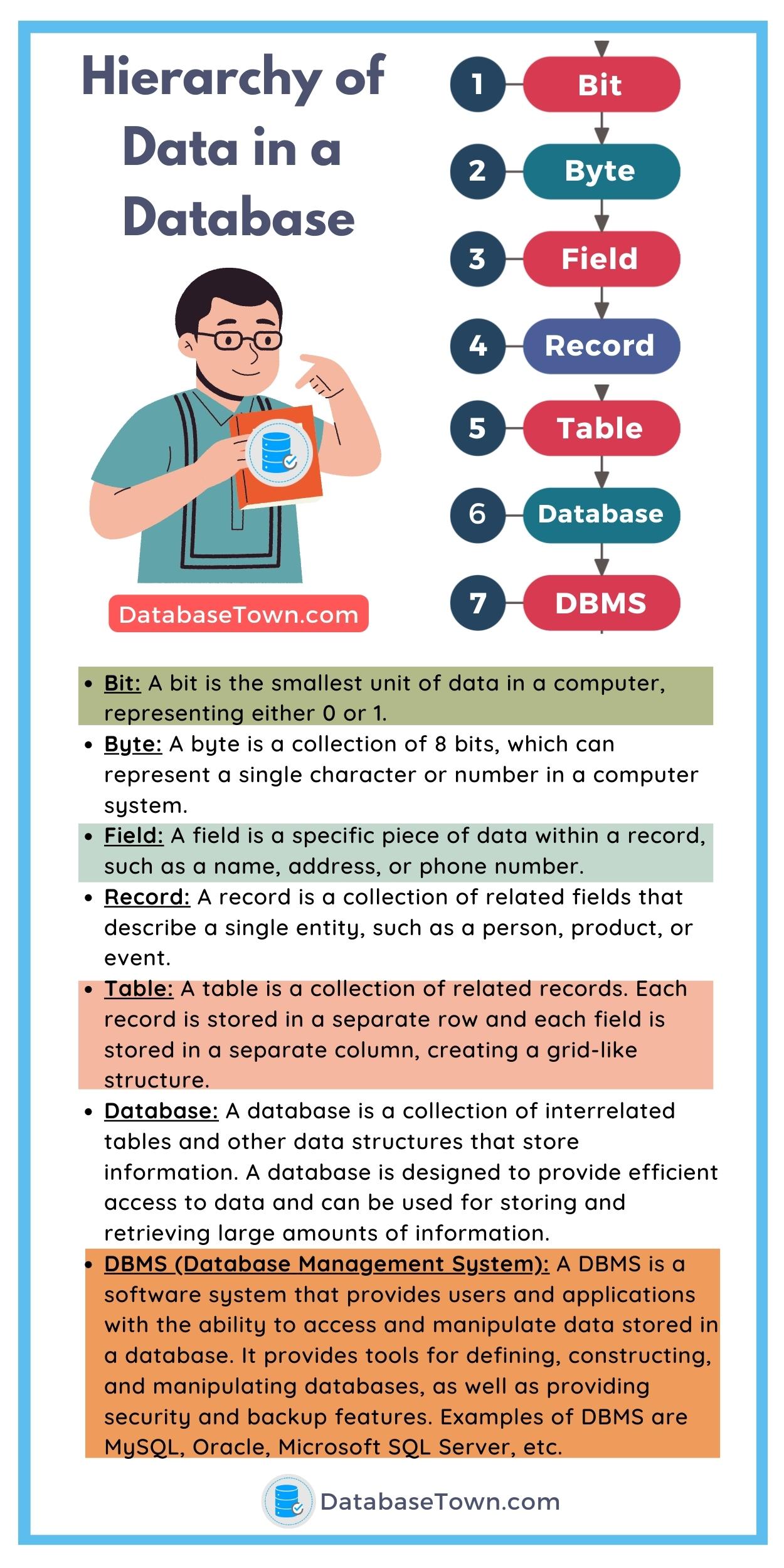 Hierarchy of Data in a Database (from Smallest to Largest Levels) DatabaseTown