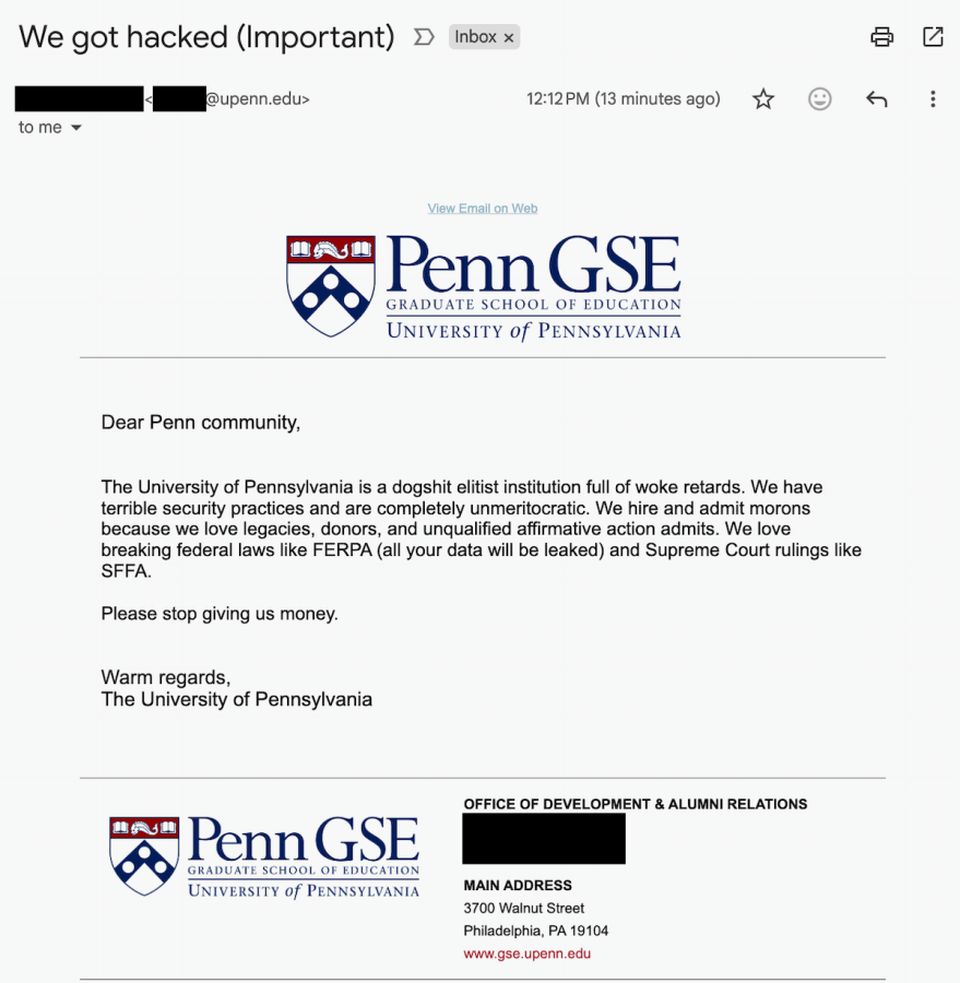 University of Pennsylvania says it wasn’t hacked after a vulgar email was sent to campus community University of Pennsylvania says it wasn’t hacked after a vulgar email was sent to campus community